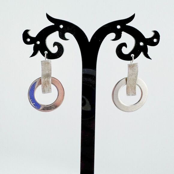 Vintage 925 Silver Modern Hoop Bar Drop Earrings Geometric Brushed Polished - Picture 1 of 6